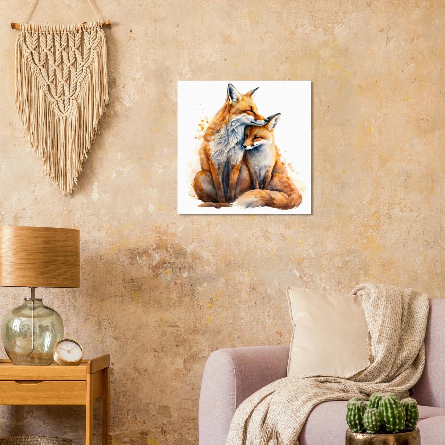 Impression sur métal renards roux dans un salon