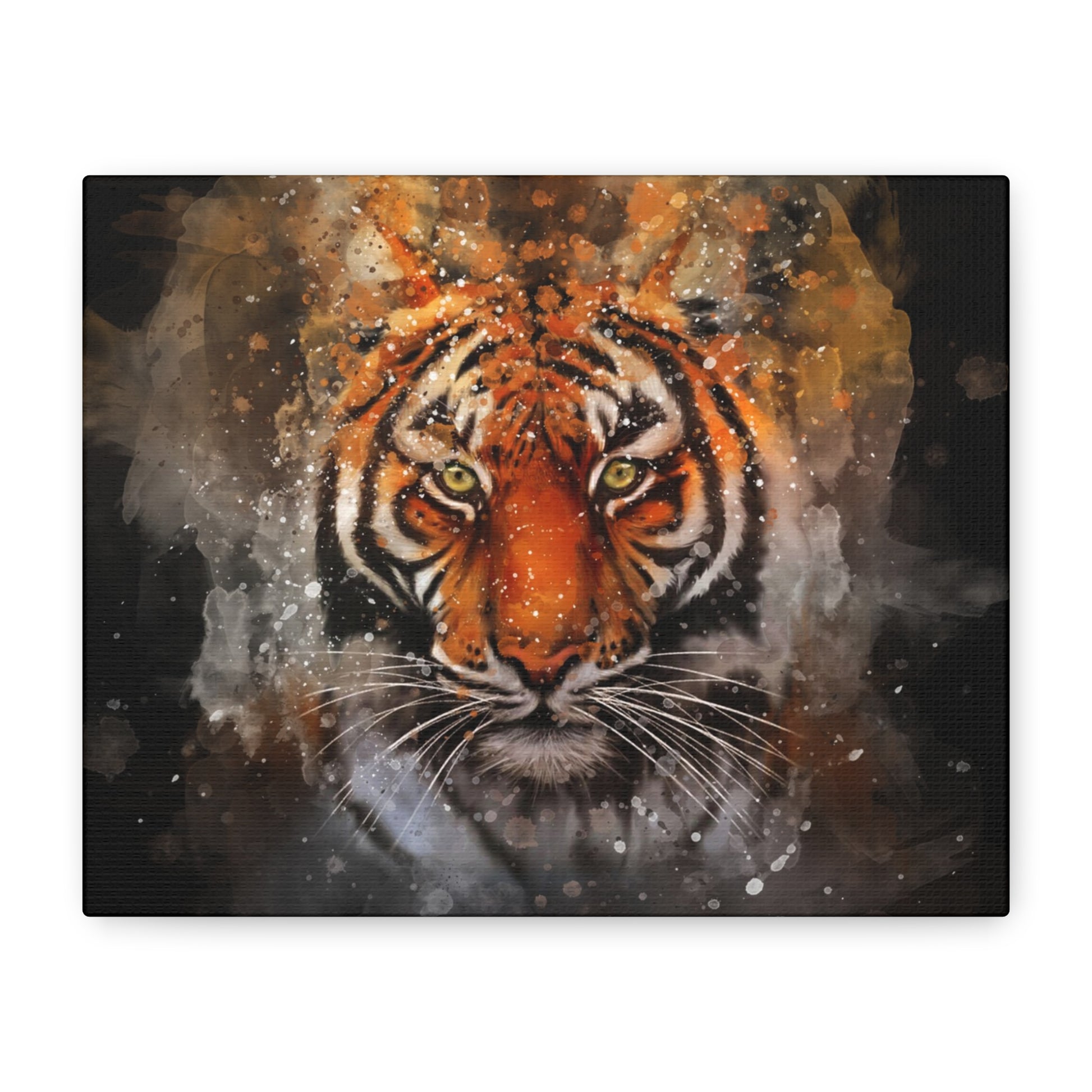 Magnifique tigre en aquarelle, au regard perçant et aux couleurs éclatantes, symbolisant la puissance et la beauté sauvage, imprimé avec soin sur une toile d’art haut de gamme.
