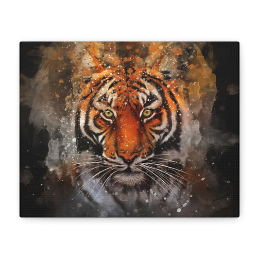 Magnifique tigre en aquarelle, au regard perçant et aux couleurs éclatantes, symbolisant la puissance et la beauté sauvage, imprimé avec soin sur une toile d’art haut de gamme.