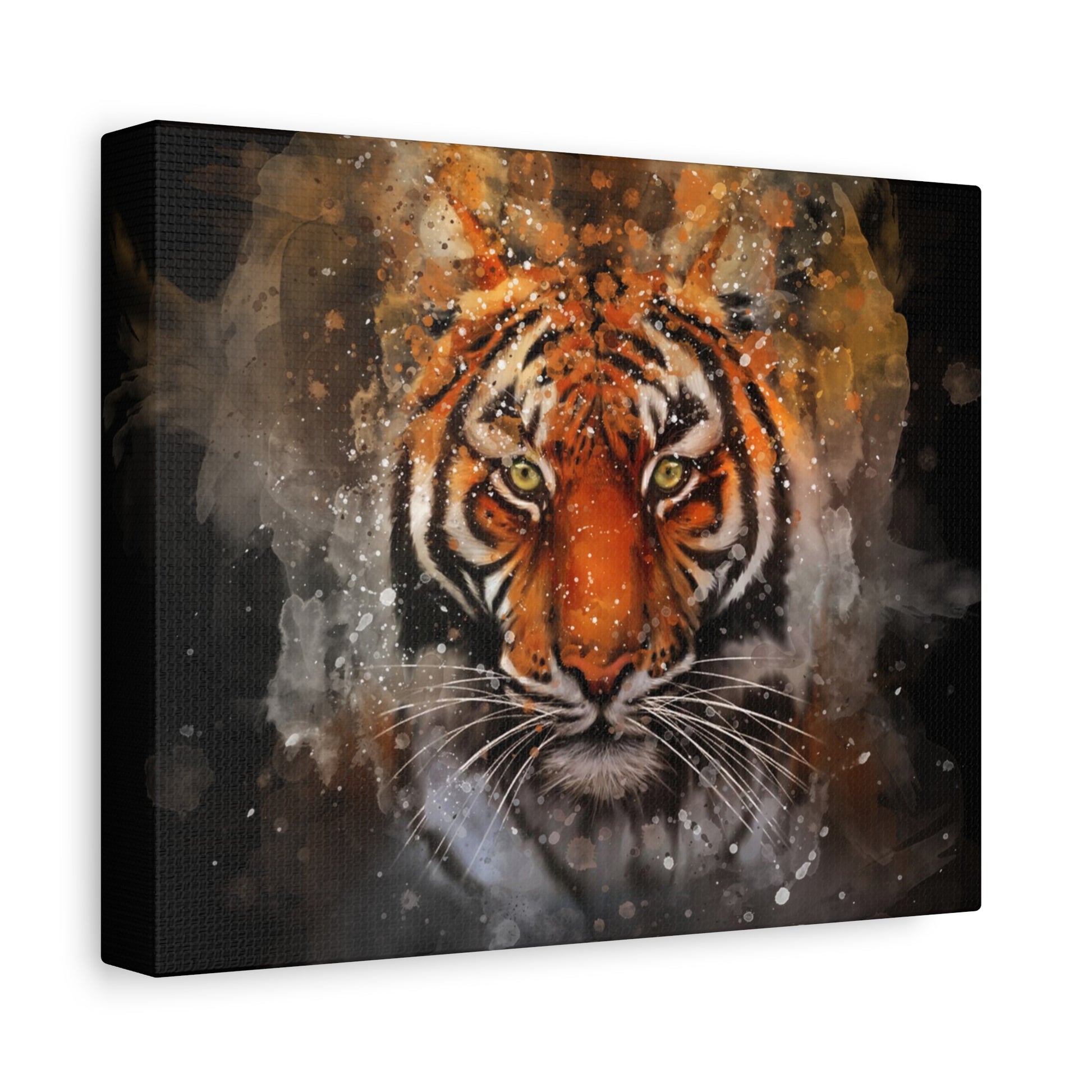 Aquarelle vibrante d’un tigre aux couleurs intenses, imprimée sur toile premium et tendue sur cadre en bois certifié FSC. Illustration artistique symbolisant la force et la beauté de la nature.